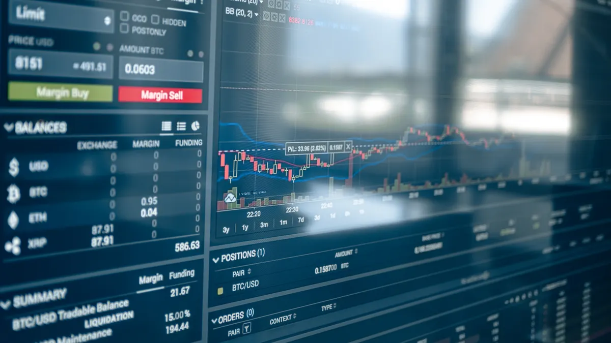 Crypto trading platform screen with chart and order panel