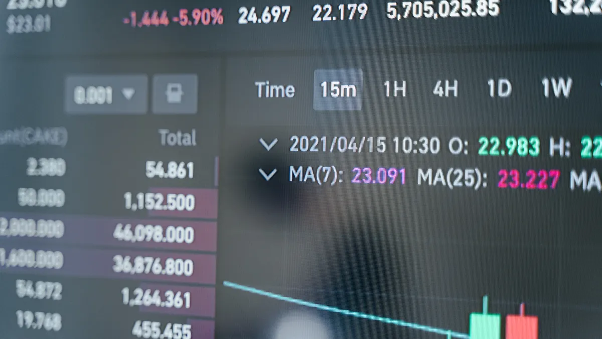 crypto trading interface with order book figures and candlestick chart